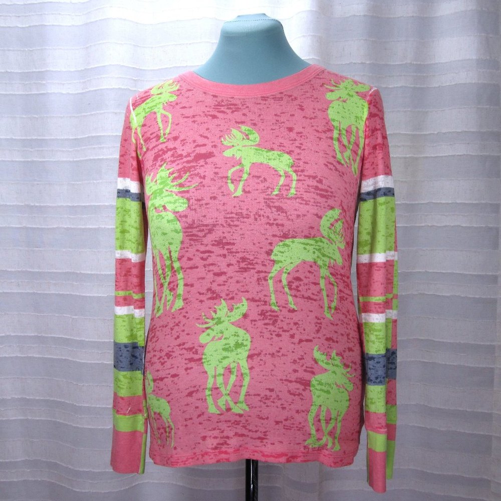 Sundance Whimsy Rose Pink Green Sublimation Moose Print Thermal Top - M